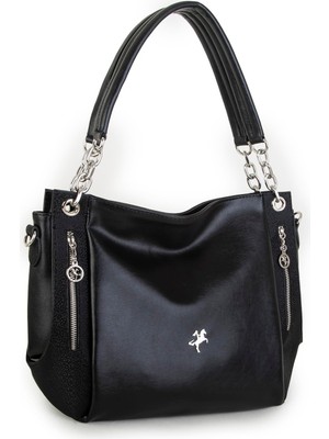 Nas Bag Kadın Büyük Boy Omuz Çantası Siyah Gri Nero ( 45X34X21 Cm)