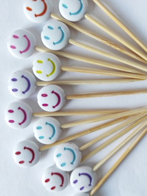 TM Tasarım Mağazası 30 Adet Dekoratif Büyük Gülücük Boncuklu Pasta Kürdanı 6 cm - Smile 15 mm