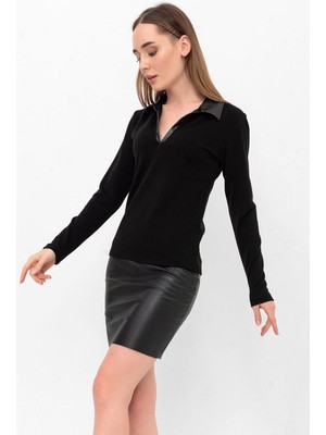 Laranor Gömlek Yaka Deri Detay Triko Bluz&kazak 42 - Siyah