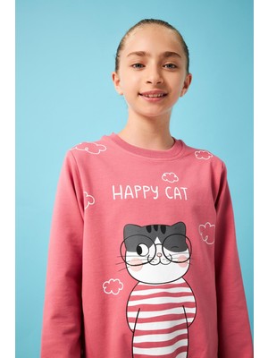 Perendi Happy Cat Baskı Detaylı Taytlı Kız Çocuk Takım Gül Kurusu