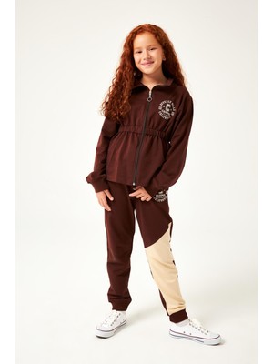 Perendi Beverly Hills Nakış Detaylı Kız Çocuk Takım Kahverengi