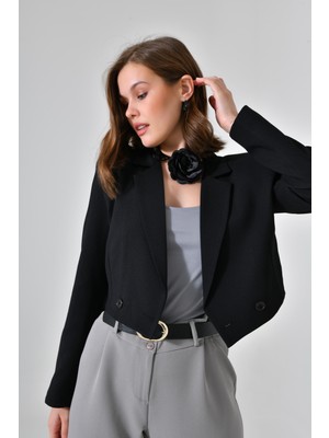Saade Siyah Kruvaze Crop Blazer Ceket Kadın Pamuk Dokuma Kumaş Hafif ve Rahat