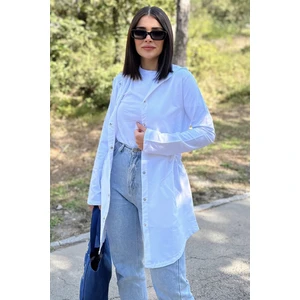 New Laviva Kadın Beyaz Uzun Kol Beli Lastikli Cepli Kapüşonlu Ceket Yağmurluk