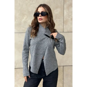 New Laviva Kadın Gri Broş Yaka Uzun Kol Lazer Kesim Dokulu Kumaş Düğmesiz Ceket