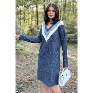 New Laviva Kadın Lacivert V Yaka Garnili, Kendinden Desenli, Basic Kalıp, Uzun Kollu Midi Triko Elbise