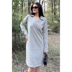 New Laviva Kadın Gri Polo Yaka, Kendinden Desenli, Basic Kalıp, Uzun Kollu Midi Triko Elbise