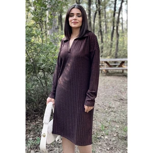 New Laviva Kadın Bordo Polo Yaka, Kendinden Desenli, Basic Kalıp, Uzun Kollu Midi Triko Elbise
