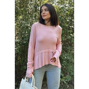 New Laviva Kadın Pembe Elleri Eldiven Detaylı, Asimetrik Kesim, Bisiklet Yaka, Eteği Pliseli, Salaş Spor Bluz