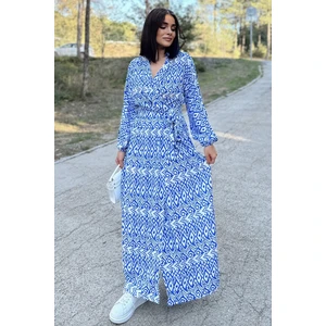 New Laviva Kadın Mavi & Beyaz Kruvaze Yaka, Yırtmaçlı, Beli Kuşaklı, Bilekleri Lastikli, Salaş, Uzun Elbise