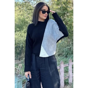 New Laviva Kadın Siyah Renk Bloklu, Uzun Kol, Yumuşak Dokulu, Salaş Triko Kazak