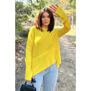 New Laviva Kadın Sarı Elleri Eldiven Detaylı, Asimetrik Kesim, Bisiklet Yaka, Eteği Pliseli, Salaş Spor Bluz