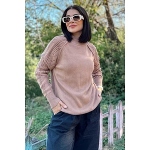 New Laviva Kadın Kahve Yüksek Yaka, Desenli Uzun Kol Detaylı, Yumuşak Dokulu, Salaş Triko Kazak