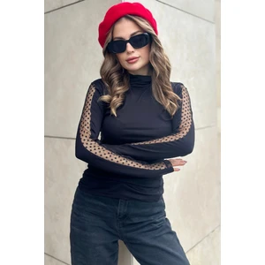 New Laviva Kadın Siyah Balıkçı Yaka, Tül Şeritli Uzun Kollar, Vucüda Oturan Kalıp, Esnek, Örme Bluz