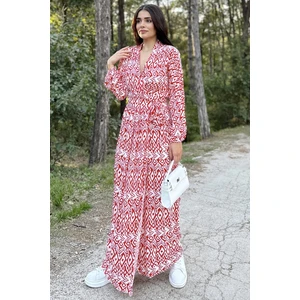 New Laviva Kadın Kırmızı & Ekru Kruvaze Yaka, Yırtmaçlı, Beli Kuşaklı, Bilekleri Lastikli, Salaş, Uzun Elbise