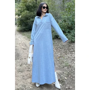 New Laviva Kadın Gri Polo Yaka, Uzun Kol, Cepli, Yırtmaçlı, Salaş, Maksi Boy, Örme Elbise