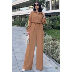 New Laviva Kadın Taba Uzun Kol, Gömlek Yaka, Beli Lastikli, 4 Cepli, Bilekleri Lastikli, Salaş Tulum