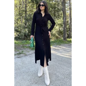 New Laviva Kadın Siyah Uzun Kol, Beli Kuşaklı, Eteği Oval, Vucüda Oturan Kalıp, Uzun Viskon Gömlek Elbise