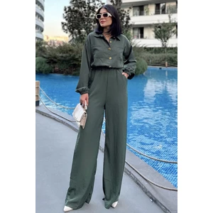 New Laviva Kadın Haki Uzun Kol, Gömlek Yaka, Beli Lastikli, 4 Cepli, Bilekleri Lastikli, Salaş Tulum