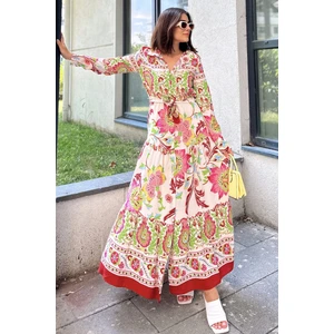 New Laviva Kadın Bordo Desenli Gömlek Yaka, Uzun Kol, Eteği Pliseli, Beli Kuşaklı, Salaş Kesim, Uzun Elbise