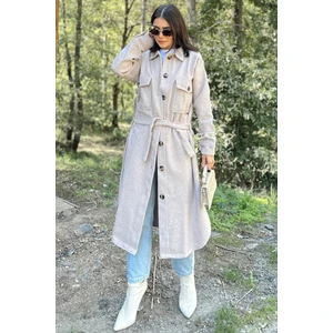 New Laviva Kadın Taş Rengi Uzun Kol, Çift Cepli, Eteği Oval Kesim, Kemerli, Kaşe Gömlek Kaban