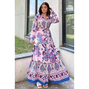 New Laviva Kadın Pembe & Mavi Gömlek Yaka, Uzun Kol, Eteği Pliseli, Beli Kuşaklı, Salaş Kesim, Uzun Elbise