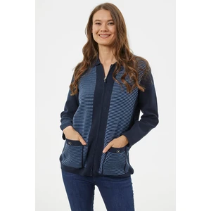 Kalın Fermuarlı Cep Detaylı Triko Hırka - Lacivert