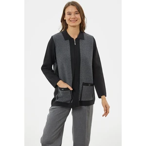 Kalın Fermuarlı Cep Detaylı Triko Hırka - Siyah