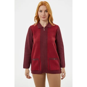 Kalın Fermuarlı Cep Detaylı Triko Hırka - Bordo