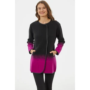 Deri Biye Detaylı Çift Renk Triko Ceket - Siyah