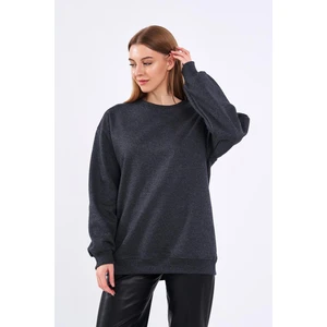 Antrasit Kadın Pamuklu Oversize Basic Bisiklet Yaka Sweatshirt