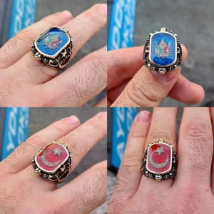 FK Gümüş 925 Ayar Gümüş Ay Yıldız ve Osmanlı Armalı Çift Taraflı Erkek Yüzük