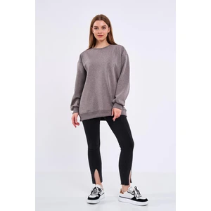 Kahve Kadın Pamuklu Oversize Basic Bisiklet Yaka Sweatshirt