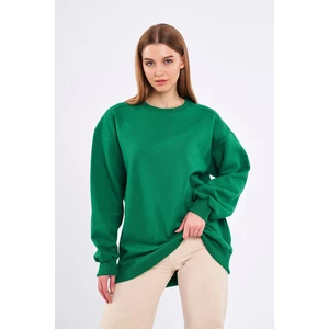 Yeşil Kadın Pamuklu Oversize Basic Bisiklet Yaka Sweatshirt