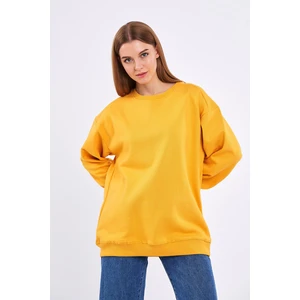 Sarı Kadın Pamuklu Oversize Basic Bisiklet Yaka Sweatshirt