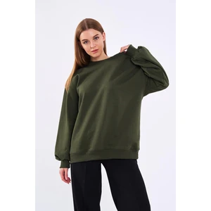 Metalic Haki Kadın Pamuklu Oversize Basic Bisiklet Yaka  Sweatshirt