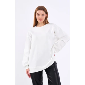 Metalic Ekru Kadın Pamuklu Oversize Basic Bisiklet Yaka Sweatshirt