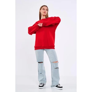 Kırmızı Kadın Pamuklu Oversize Basic Bisiklet Yaka Sweatshirt
