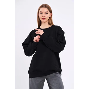 Siyah Kadın Pamuklu Oversize Basic Bisiklet Yaka Sweatshirt