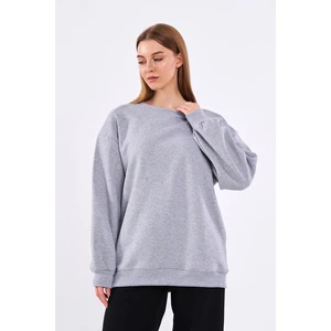 Gri Kadın Pamuklu Oversize Basic Bisiklet Yaka Sweatshirt