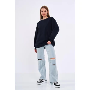 Lacivert Kadın Pamuklu Oversize Basic Bisiklet Yaka Sweatshirt