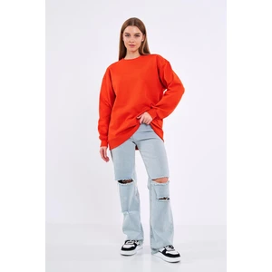 Turuncu Kadın Pamuklu Oversize Basic Bisiklet Yaka Sweatshirt