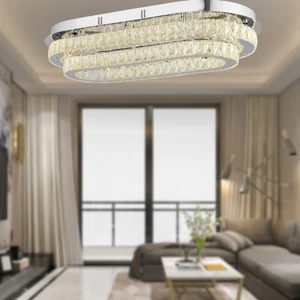 Valeria 2 Katlı Elips Plafonyer Elips Ledli 3 Renkli  Kristalli Taşlı Modern Tasarım LED Kristal Salon Avize