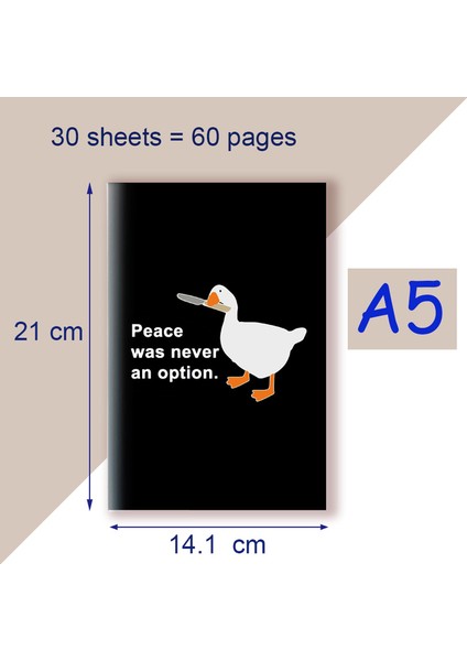 Stil 1 Boş Sayfa A5 Defter Baskı Alıntısı - Barış Hiçbir Zaman Bir Seçenek Olmadı - Sevimli Karikatür Kaz Ördek Oyunu Meme Kawai Funky Not Defteri Not Planlayıcı (Yurt Dışından)