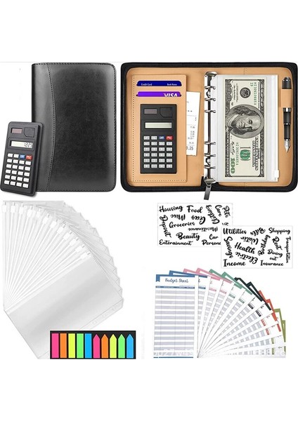 Sarı Bir Set A6/a5 Iş Pu Deri Klasör Padfolio Bütçe Bağlayıcı Nakit Zarf Organizatör Temizle Fermuarlı Bütçe Sayfaları Hesap Makinesi ile (Yurt Dışından)