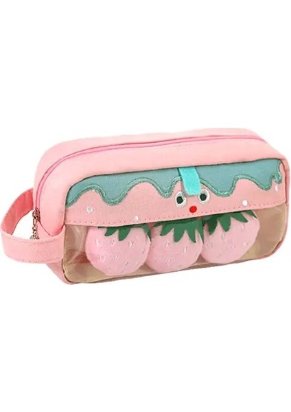 Pembe Çilek Peluş Sevimli Kedi Kurbağa Kalem Çantası Büyük Kapasiteli Kız Komik Kırtasiye Kalem Kutusu Kılıfı Okul Ofis Malzemeleri Kawaii Kalem Çantası (Yurt Dışından)