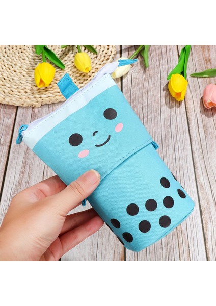 KAHVE-13X23CM Boba Milktea Kalem Kalem Teleskopik Tutucu Kırtasiye Çantası, Kawaii Gülümseme Yüzlü Stand-Up Trafo Çantası Siyah Nokta Organizatör (Yurt Dışından) fırsatları