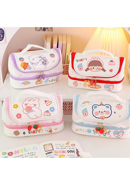 Set Yeni Kawaii Kalem Çantası Kalem Kutuları 2 Katmanlı Yüksek Kapasiteli Kalem Çantası Ücretsiz 1 Adet Kendi Başına Yap Çıkartma Okul Kırtasiye Kız Hediye (Yurt Dışından)