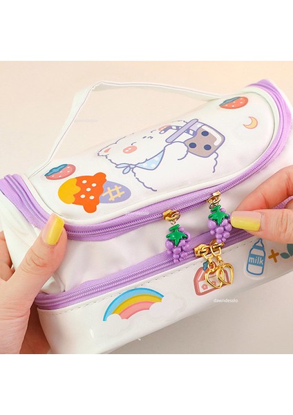 Set Yeni Kawaii Kalem Çantası Kalem Kutuları 2 Katmanlı Yüksek Kapasiteli Kalem Çantası Ücretsiz 1 Adet Kendi Başına Yap Çıkartma Okul Kırtasiye Kız Hediye (Yurt Dışından)