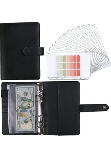Siyah A6 Yeni A5 A6 Bütçe Bağlayıcı Planlayıcısı, 12 Parça Nakit Zarflı, 12 Pcs A6 Bağlayıcı Cepli Renkli Pu Deri Defter Bağlayıcı (Yurt Dışından)