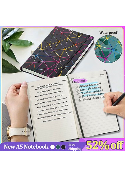 Siyah A5 Yeni A5 Dizüstü Pu Deri Günlüğü Not Defterleri Lazer Kabartma Su Geçirmez Gündem Planlayıcısı Defterler Dergisi Okul Ofis Malzemeleri (Yurt Dışından)